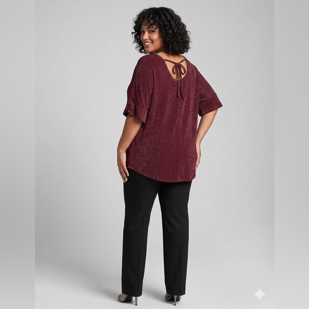 NWT Misia Curvy 2X Burgundy Metallic Sparkle Tie-Back Ruffle Sleeve Top